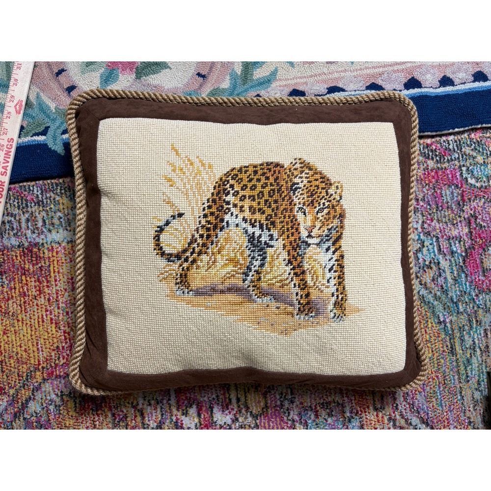 DIY Needlepoint Tapestry vintage throw pillow  "LEOPARD" MCM Throw Pillow